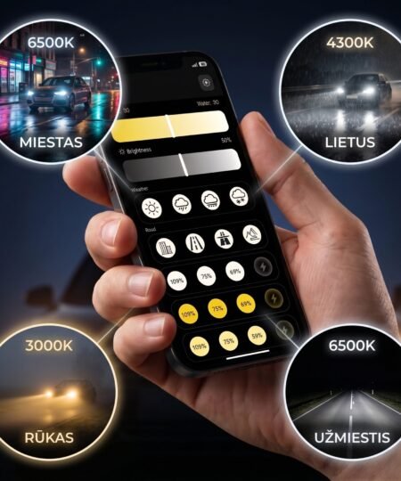 H7 LED lemputės su telefonu reguliuojama šviesos spalva – programėlėje pasirenkami režimai miestui, lietui, rūkui ir užmiesčiui nuo 3000K iki 6500K