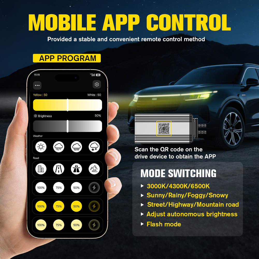 H8 H9 H11 LED lemputės su reguliuojama šviesos spalva – didesnis saugumas, kai galima pasirinkti tinkamą šviesą lietui, sniegui ar sausam keliui