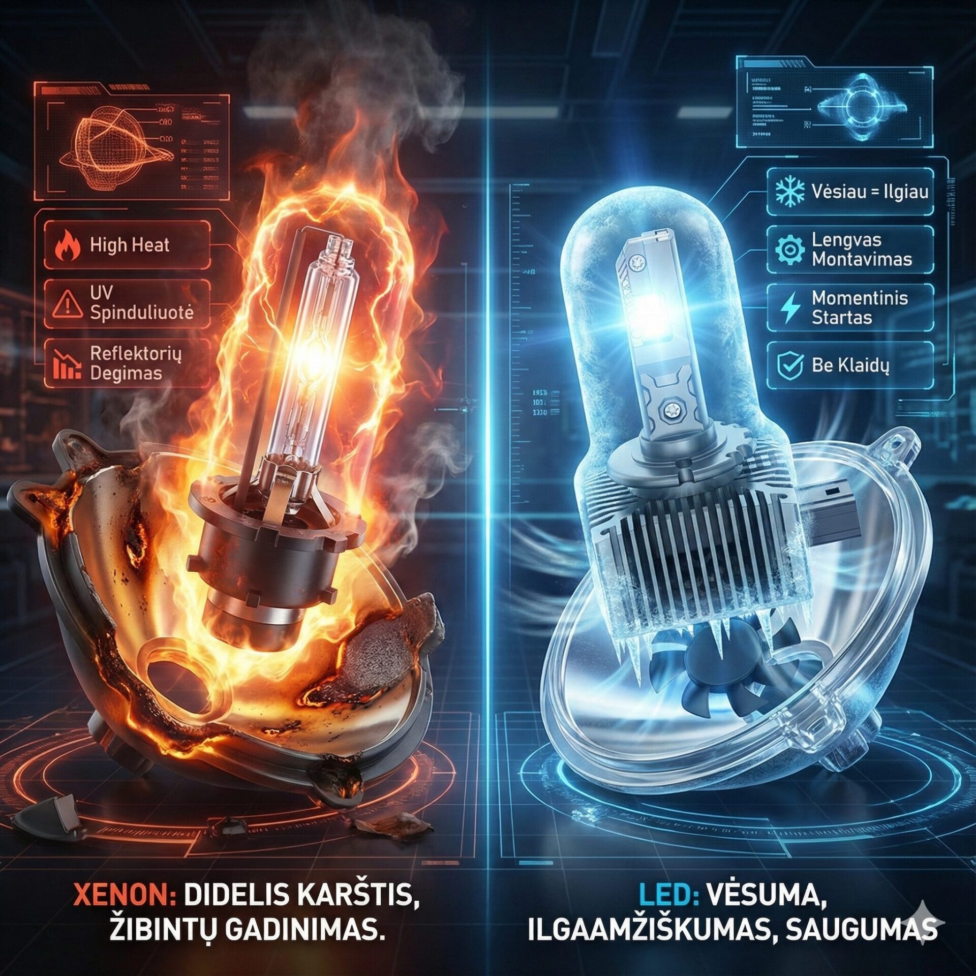 Xenon karštis gadina reflektorius, LED veikia vėsiai