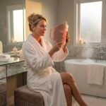 LED kaukė veido odos priežiūrai su pakraunamu valdymo pulteliu.