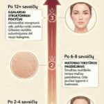 Vertikalus infografikas „Jūsų odos transformacijos kelionė“, rodantis kaupiamąjį odos priežiūros efektą laiko juostoje. Rodyklė kyla aukštyn per tris etapus: 1 etapas (Po 2-4 savaičių) rodo pirmuosius spindesio ženklus ant brandesnės odos; 2 etapas (Po 6-8 savaičių) demonstruoja matomą tekstūros pagerėjimą; 3 etapas (Po 12+ savaičių) rodo ilgalaikius struktūrinius pokyčius ir stangresnę, jaunatviškesnę odą dėl kolageno gamybos.