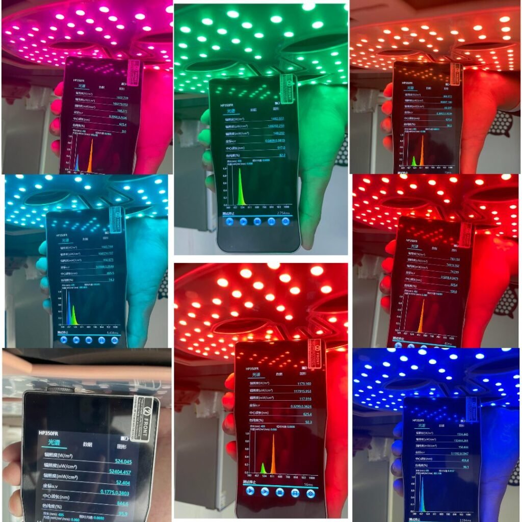 LED veido kaukės šviesos spektro ir galingumo (mW/cm²) matavimas profesionaliu spektrometru – tikslūs techniniai duomenys