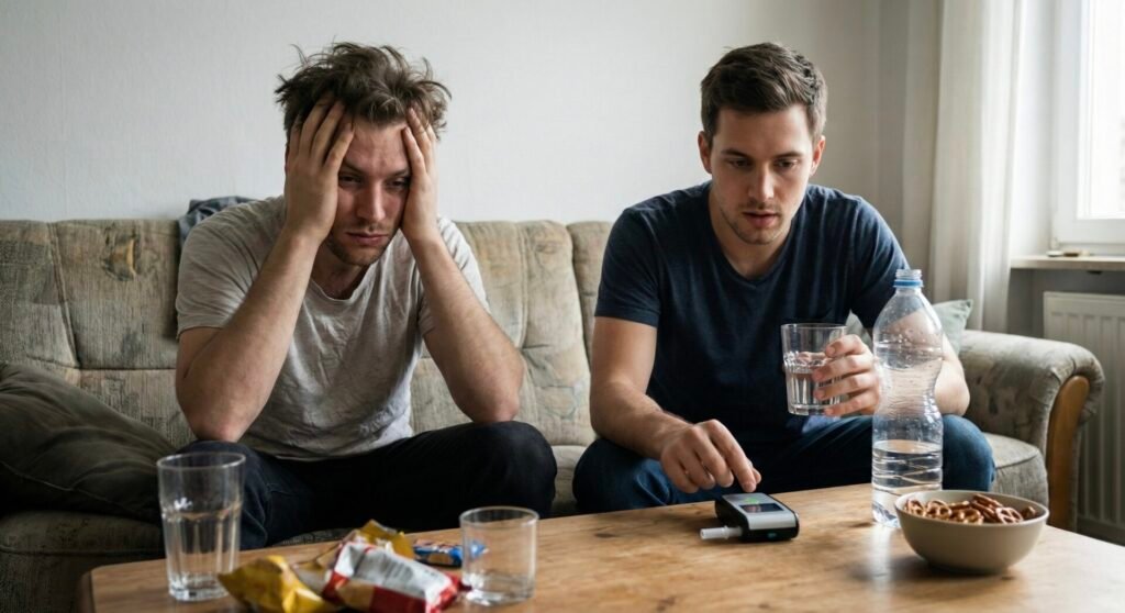 Vyras tikrina blaivumą naudodamas alkotesterį, kol šalia sėdintis draugas kenčia sunkias pagirias – iliustracija apie skirtingą alkoholio skaidymą.