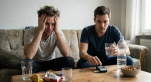 Vyras tikrina blaivumą naudodamas alkotesterį, kol šalia sėdintis draugas kenčia sunkias pagirias – iliustracija apie skirtingą alkoholio skaidymą.