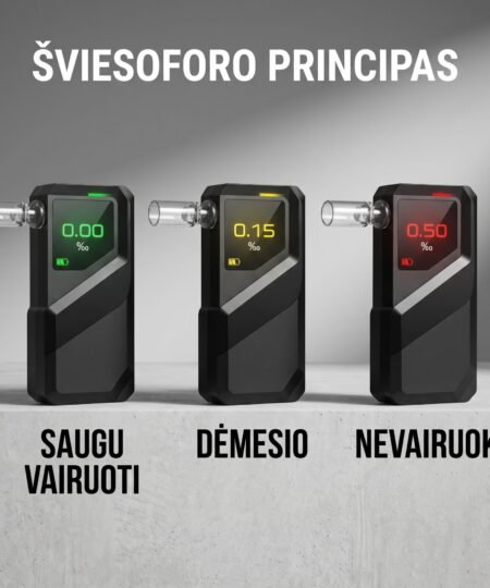 Alkotesteris DriveGuard S1 MAX su spalvine indikacija: žalias 0,00 ‰, geltonas 0,15 ‰ ir raudonas 0,50 ‰ rezultatas