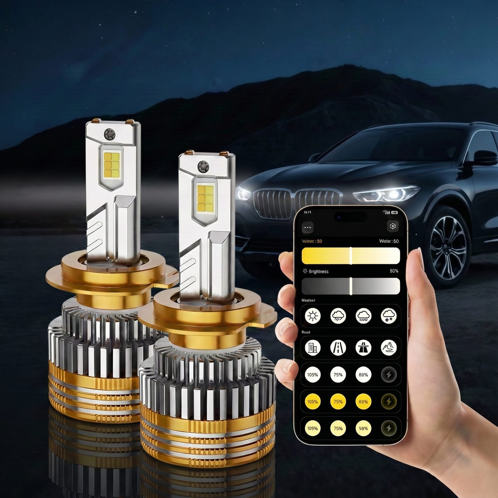 Chameleon LED lemputės automobiliui — spalvos ir ryškumo valdymas telefonu
