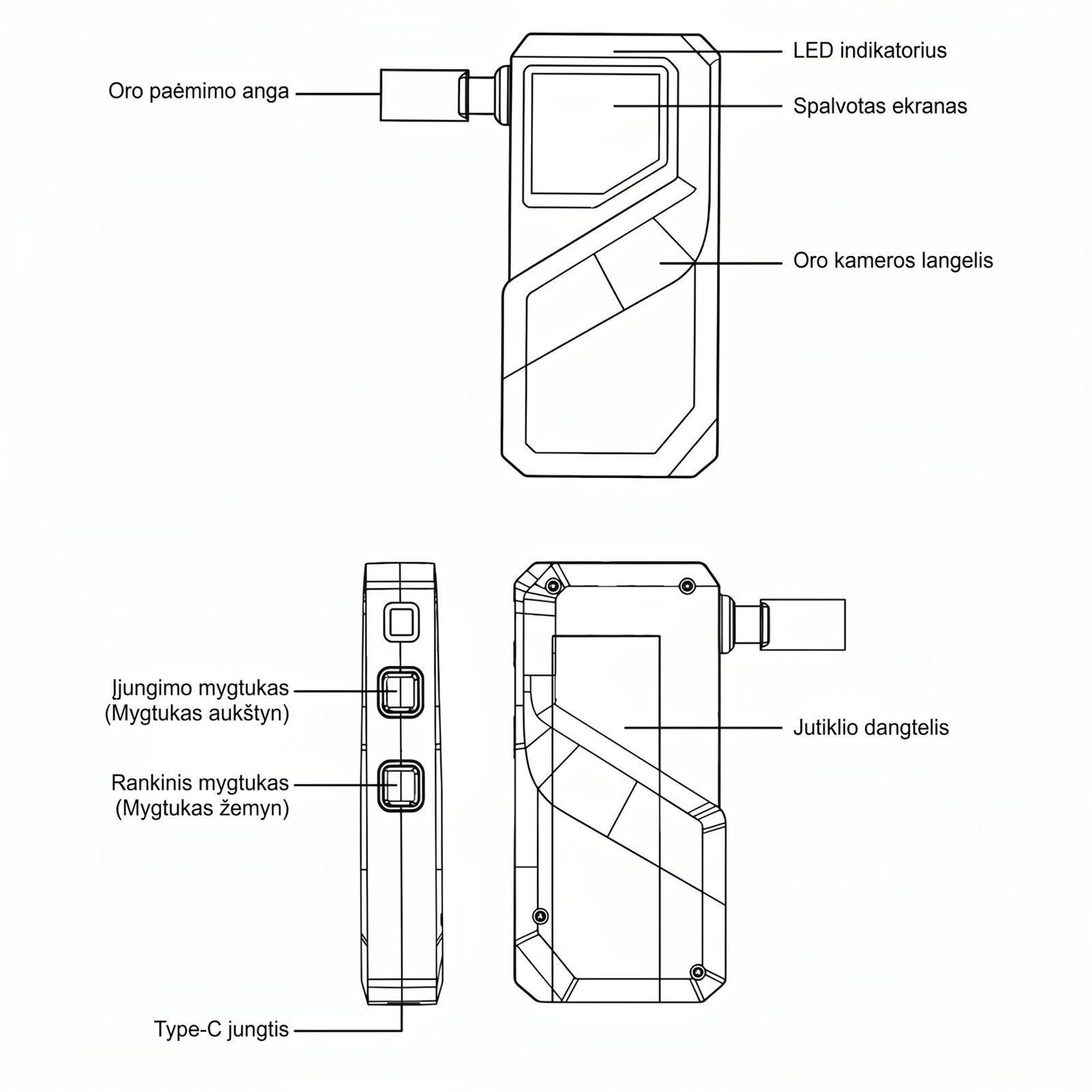Profesionalaus elektrocheminio alkotesterio DriveGuard S1 MAX sandaros brėžinys su pažymėtomis pagrindinėmis dalimis: ekranas, keičiamo jutiklio dangtelis, valdymo mygtukai ir oro kameros langelis.