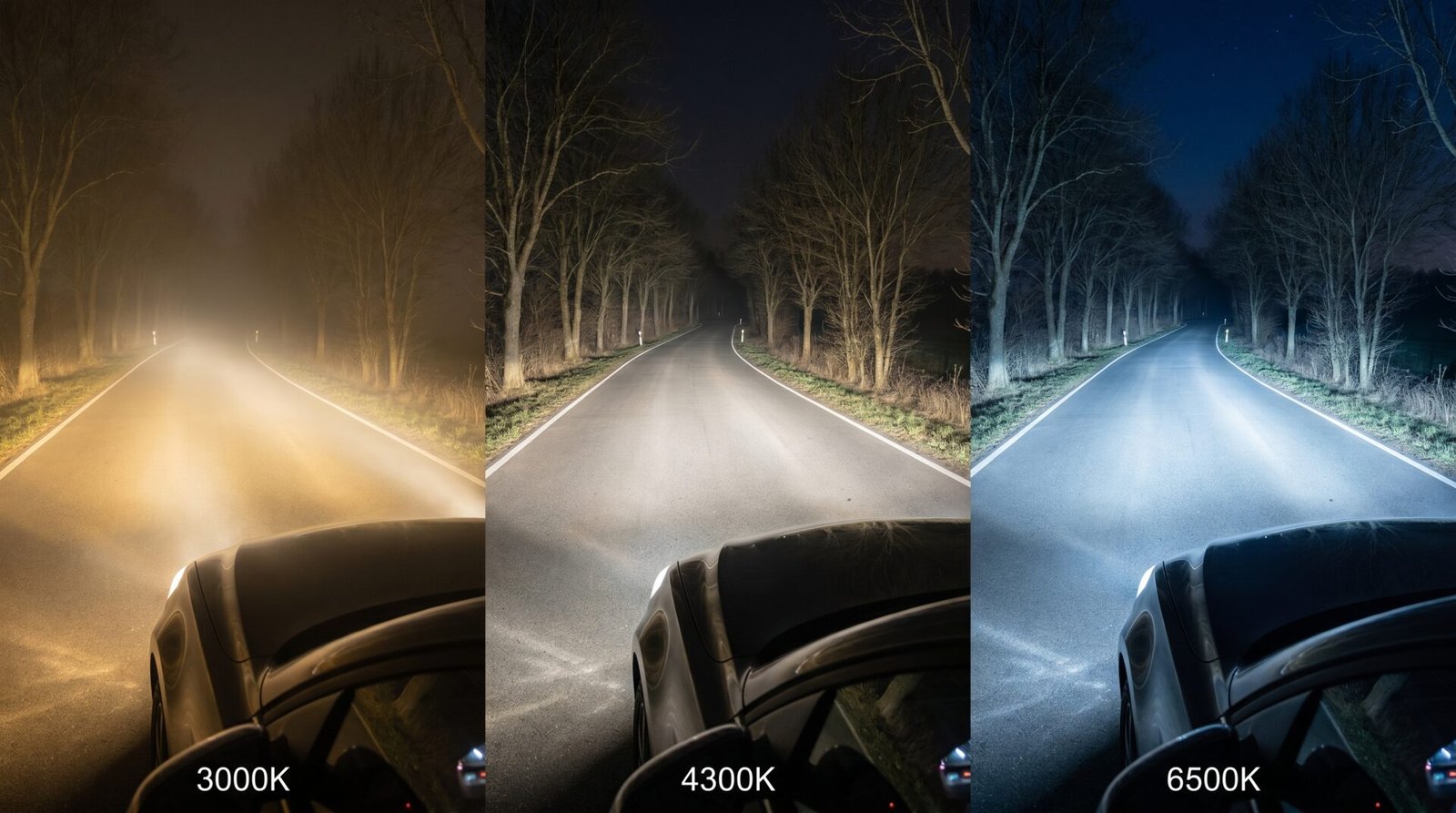 LED šviesos spalvos temperatūros palyginimas kelyje — 3000K, 4300K ir 6500K