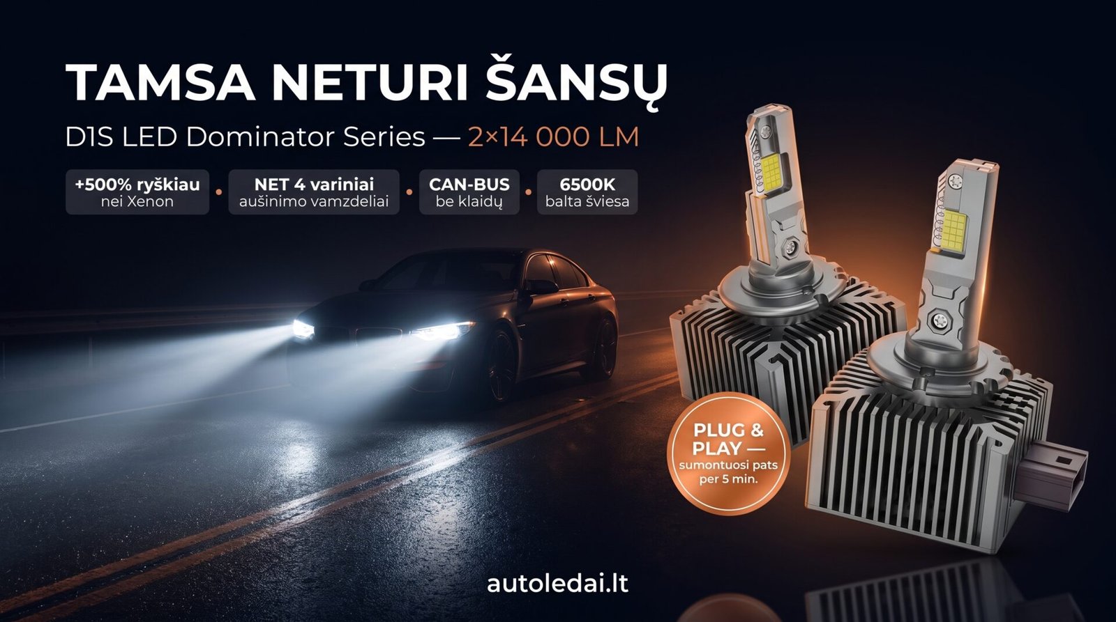 D1S LED 70W Dominator D70 su keturiais variniais vamzdeliais ir 12000RPM ventiliatoriumi efektyviam šilumos išsklaidymui