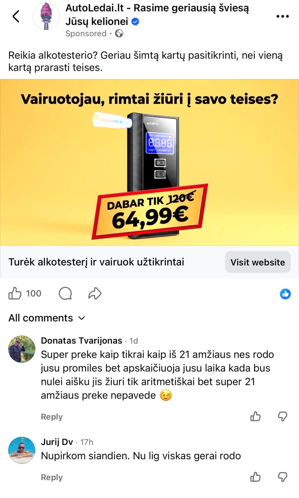 Pirkėjų atsiliepimai apie alkotesterį ACT-BT13 Facebook komentaruose: rodo promiles ir apskaičiuoja, kada blaivėsi